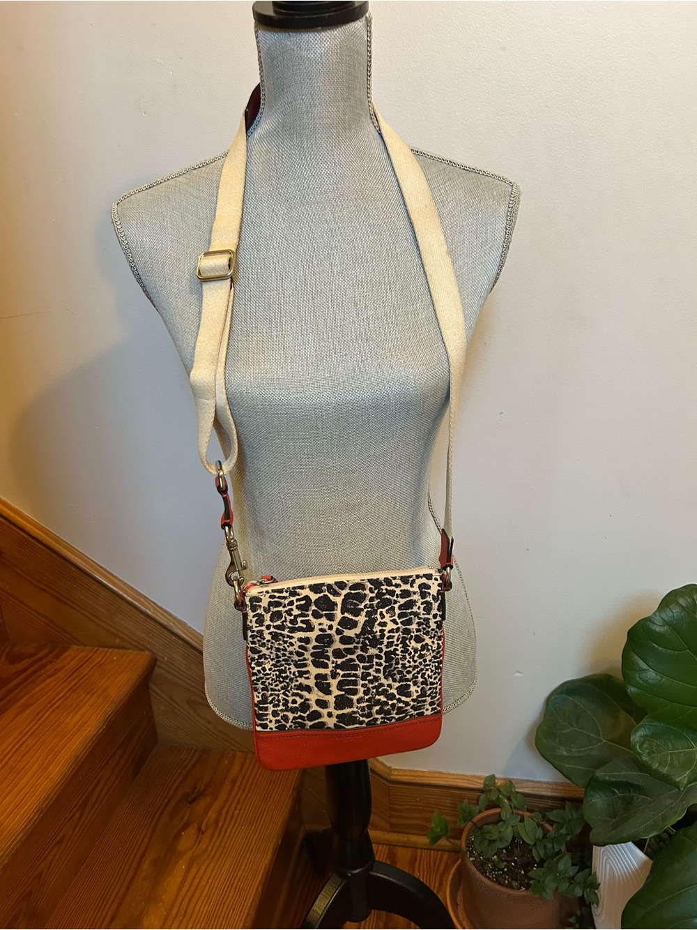 Coach Legacy Ocelot Swingpack Crossbody print purse with coral leather accents